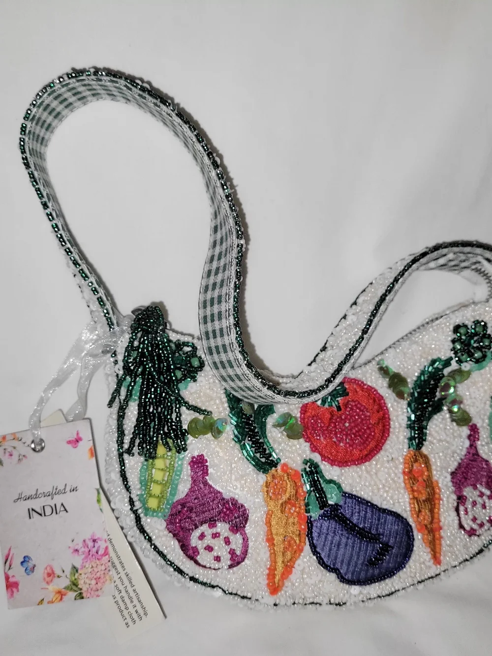 Handcrafted Beaded Vegetable Motif Shoulder Bag - White